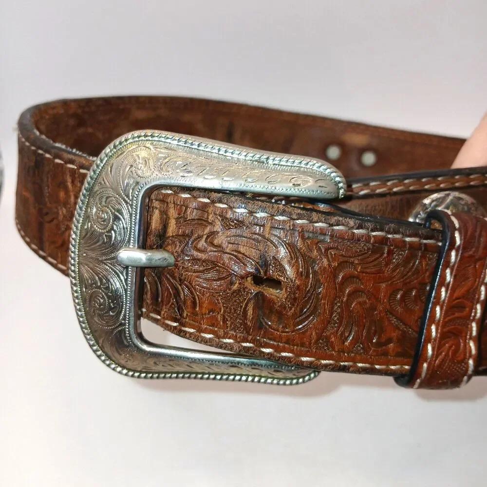 3D Belt Mens Size 40 Brown Hand Tooled Western Concho Cross Studded
